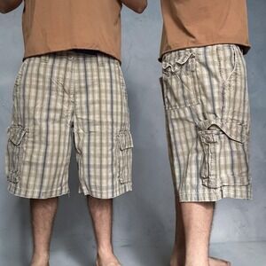 RedHead Plaid Cargo Shorts Tan Green Blue Skater Y2K 90s Size 38